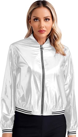 Freebily Women Shiny Metallic Bomber Jacket Lightweight Front Zip Long Sleeve Jacket Coat Outerwear X-Large Silver