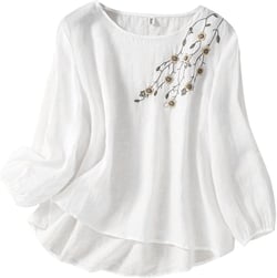 Spring/Women's Linen Embroidered Round Neck Long Sleeve T Shirt Vintage Bohemian Loose Fit Floral Applique Top (a-White, XL), X-Large