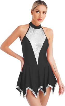 Womens Sequin Gymnastics Leotards Sleeveless Irregular Hem Figure Ice Skating Dress Black XX-Large