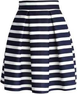 CHICWISH Women's Adorable Navy and White Stripe Pleated A-Line Midi Prom Party Skirt
