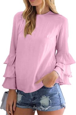 OMZIN Women's Ruffle Long Sleeve Loose Blouse Crew Neck Chiffon Blouses Pink X-Small