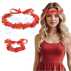 DOCILA Floral Crown Wrist Bands Set Women Vintage Red Rose Flower Wreath Headbands Fairy Garland Hair Bands Bracelets October Festival Costume For Women Red Hair Accessories