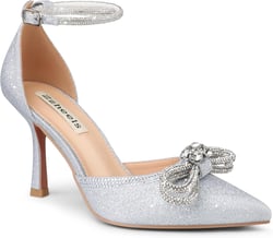 Zzheels Women's Wedding Heels Sparkly Rhinestone Stiletto Pumps Bow Heels Pointed Toe Ankle Strap High Heels Bridal Party Dress Shoes 8 Silver Glitter