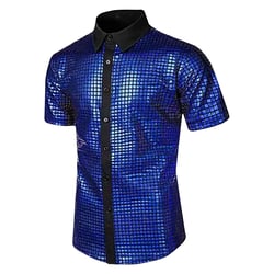 Dovford Men’s 70S Disco Shirts Button Down Sequin Shirt Short Sleeve Retro Metallic Nightclub Party Costume Shirt Tops 2024
