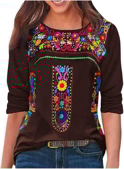 Mexican Embroidered Shirt for Women Summer Short Sleeve Ethnic Style Tops Boho Floral Print Dressy Blouse Loose Tunic Wine*3 Large