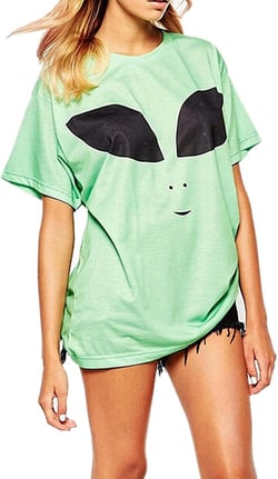 Womens Casual Alien Print Short Sleeve Loose T-Shirt Top Green Green Medium
