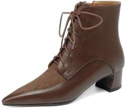 TinaCus Women's Handmade Patchwork Leather Front Lace Up Pointed Toe Low Chunky Heel Ankle Boots 5.5 Brown