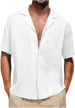 Men's Linen Cotton Moisture Wicking Stretch Textured Button Down Shirts Slim Fit Comfort Colors Vacation Adult Short Sleeve White XX-Large