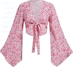 Verdusa Women's 70s Floral Print Tie Front Blouse Bell Long Sleeve V Neck Crop Top Medium Pink