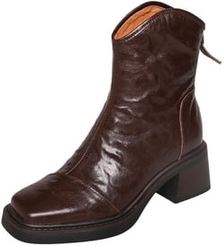 TinaCus Women's Handmade Genuine Leather Back Zip Square Toe V-Cut Platform Mid Block Heel Ankle Boots 8 Brown