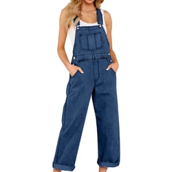 Lovskoo Women's Casual Stretch Denim Bib Overalls Denim Pants 90S Retro Classic Adjustable Straps Pocketed Jeans Jumpsuits Blue