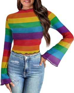 Biyejit Women's Bell Long Sleeve Crop Blouse Sheer Mesh Mock Neck Shirt Crop Tops Bodysuit Tops Size S-XL Small Rainbow Stripes