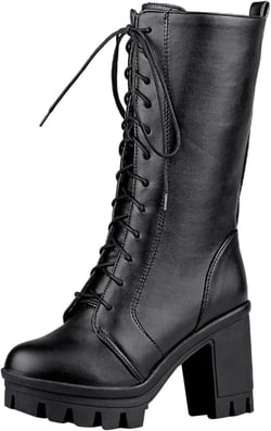 Women's Ankle Bootie Winter Lace Up Mid Calf Boots Thick Heel Faux Leather Platform Boots Warm Fleece Walking Shoes 7.5 Black