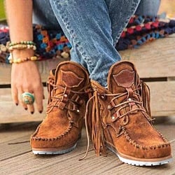 MPWEGNP Shoes For Women Boots Ankle Retro Suede Leather Tassel Round Toe Casual (Brown 9)