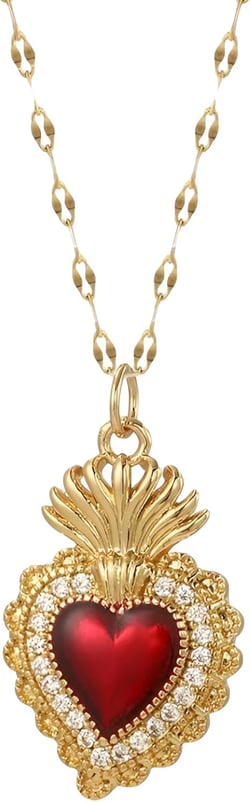 14k Yellow Gold Gothic Sacred Heart Necklace For Women Men, Sacred Heart Of Jesus Necklace - Unisex Punk Chic Sacred Heart Pendant Necklace For Halloween Christmas Thanksgiving Gifts 9 - Sacred Heart Necklace