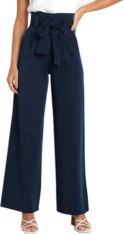 High Waisted Wide Leg Pants for Women with Pockets Bow Belt Paper Bag Pants Summer Workplace Straight Palazzo Trousers Navy Large