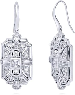 BERRICLE Sterling Silver Vintage Inspired Art Deco Cubic Zirconia CZ Milgrain Fish Hook Dangle Drop Earrings for Women, Rhodium Plated
