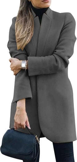 YMING Womens Casual Wool Blend Long Pea Coats Jackets Notched Open Front Outerwear Slim Fit Winter Overcoats Medium Dark Grey