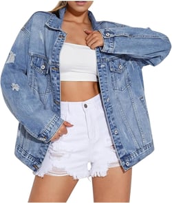 Boyfriend Denim Jacket for Women Oversized Jean Coat Casual Loose Long Sleeve Jean Jackets Distressed Outerwear Medium Blue#03