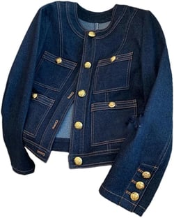 Vsadsau Women's Denim Jacket Long Sleeve Round Neck Solid Color Retro Buttons Office Casual Coats Medium Dark Blue