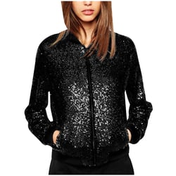 Herrnalise Women's Sequin Long Sleeve Front Zip Bomber Jacket with Ribbed Cuffs Black,XL