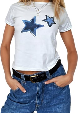 Xineicy Y2K Crop Tops for Women Star Print Tees Vintage Baby Tee Short Sleeve Summer Tops White X-Small