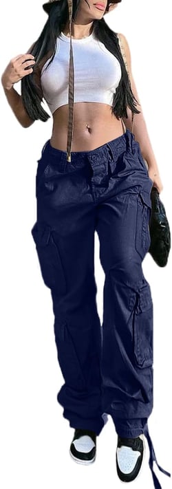 QYANGG Baggy Cargo Pants Women High Waist Pants for Women Loose Pocket Jogger Straight Wide Leg Y2K Cargo Pants Medium Navy Blue