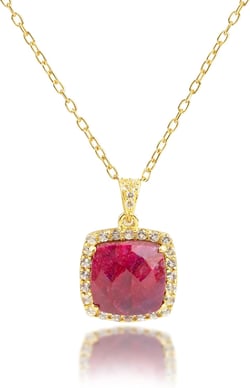 MAX + STONE 5 Ct. Gemstone Necklace for Women | 18k Gold Over Sterling Silver 10x10 MM Cushion Cut Birthstone Necklace with Halo | Adjustable 18-20 Inch Chain | Large Real Gold Pendant Necklace Natural Ruby