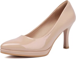 XIEDA Women's Pointed Toe Low Platform High Heels 3 Inch Patent Leather Pumps Classic Elegant for All Occasions 9 Nude