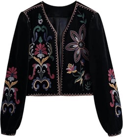 Dawery Embroidery Jacket Women Velvet Cropped Coat Female Retro Boho Floral Autumn Casual Long Sleeve Black Outerwear Medium Black