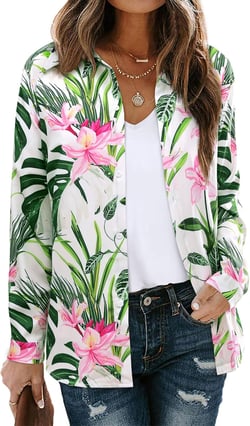 Hawaiian Shirts Women Long Sleeve Button Down Lapel Collar Floral Print Tunic Blouse