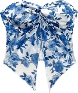 WDIRARA Women's Floral Print Tube Top Bandeau Twist Front Asymmetrical Hem Crop Top Medium Blue and White