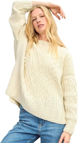 Aran Woollen Mills Tully Women's Box Aran Wool Sweater, 100% Super Soft Merino Wool, Cable Knit Design, Made in Ireland X-Large Cream