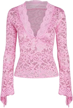 Women’s Crop T-Shirts Sexy See Through Deep V Neck Lace FlaBrown Long Sleeve Slim Fit Party Clubwear Tee Shirts Blouse Tops X-Small Pink