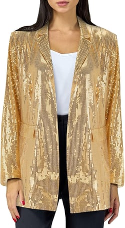 ZYXTIM Women's Sequin Shiny Open Front Blazer Plus Size Long Sleeve Sparkly Cardigan Oversize Fashion Business Casual Jacket Gold Small