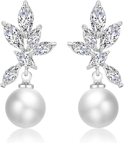 UILZ Cubic Zirconia Pearl Dangle Earrings for Women,Teardrop Leaf Rhinestone Wedding Bridal Earrings for Bridesmaids Brides,Crystal Rhinestones Dangle Earrings Prom Jewelry style1-silver