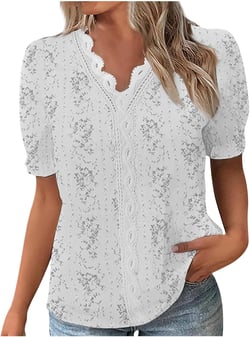Tunic Tops for Women Casual Spring Womens Lace V Neck Puff Short Sleeve Pleated T-Shirts Summer Tops Tunic Blouse 8-white 3X-Large