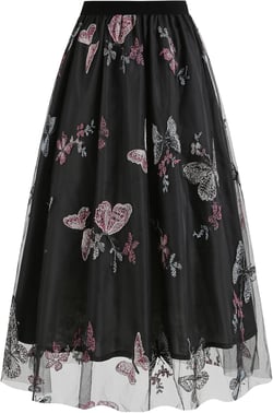 ABAFIP Women's Floral Embroidery Tulle Mesh Skirt Elastic Waist Embroidered Party Long Midi Skirts Large Black