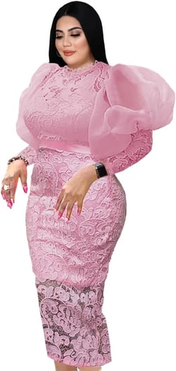 ONTINVA Women's Floral Lace Long Sleeve Patchwork Mesh Slim Pencil Midi Dress 3X-Large Pink