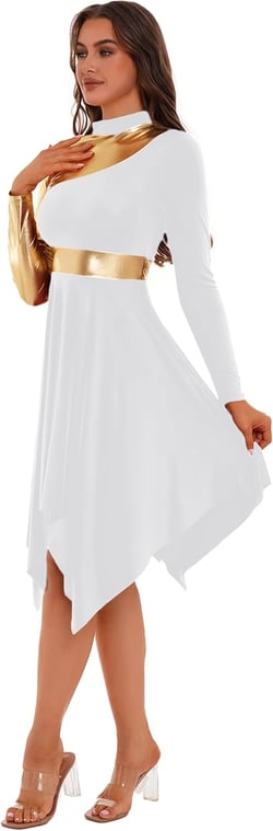 easyforever Women's Metallic Gold Color Block Praise Dance Dress Long Sleeve Worship Dance Overlays Large White
