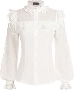Scarlet Darkness Women's Victorian Lace Tops Polka Dot Button Down Long Sleeve Shirt Medium White