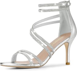 Allegra K Women's Ankle Strap Rhinestone Stiletto Heeled Sandals 8 Silver