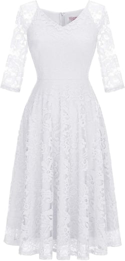 Dressystar Womens Long-Sleeve A-Line Lace Homecoming Bridesmaid Midi Dress Wedding Guest Formal Party Dresses 2024 Prom Gown White Small