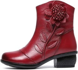 Duberess Women's Casual Leather Ankle Boots Oxford Boots Warm Booties Block Heel Zipper Shoes 7.5 Red Without Fleece