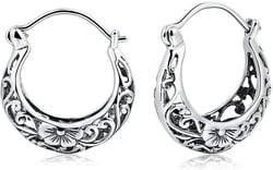 BALMORA 925 Sterling Silver Vintage Filigree Hoop Earrings for Women Floral Flower Heart Clip-on Small Huggie Hoop Earrings Lightweight Oval Hoop Earrings Jewelry Christmas Gifts for Mom Style 1