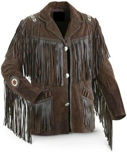 Men's Western Cowboy Leather Jacket with Fringed Native American Suede Beaded Traditional Leather Coat 3X-Large Chocolate