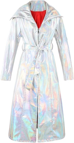 Women Shiny Reflective Leather Extra Long Trenchcoat Silver Holographic PU Leather Hooded Rain Coat Medium Silver