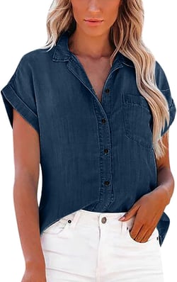Womens Short Sleeve Denim Shirt Button Down Chambray Jean Western Shirts Fall Summer Casual Loose Solid Collared Plain Tops X-Large Dark Blue