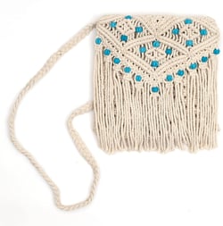 Macrame Bag for Women & Girls, Crossbody Crochet Purse for Women with Beads, White Fishnet Bohemian Style Braided Macrame Handbag for Fashion & Everyday Use, Beige