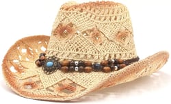 Straw Cowboy Hat for Women Men Roll Up Brim Cowboy Hat with Beaded Band for Rodeo, Festival, Party, Horseback Riding One Size Beige